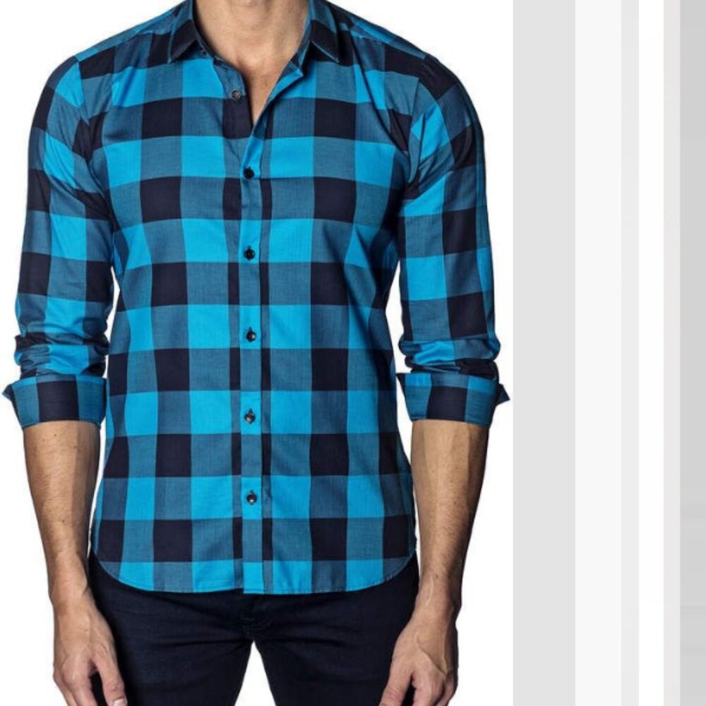 Jared Lang Semi Fitted Buffalo Plaid Check Print Button Up Shirt Blue 2XL